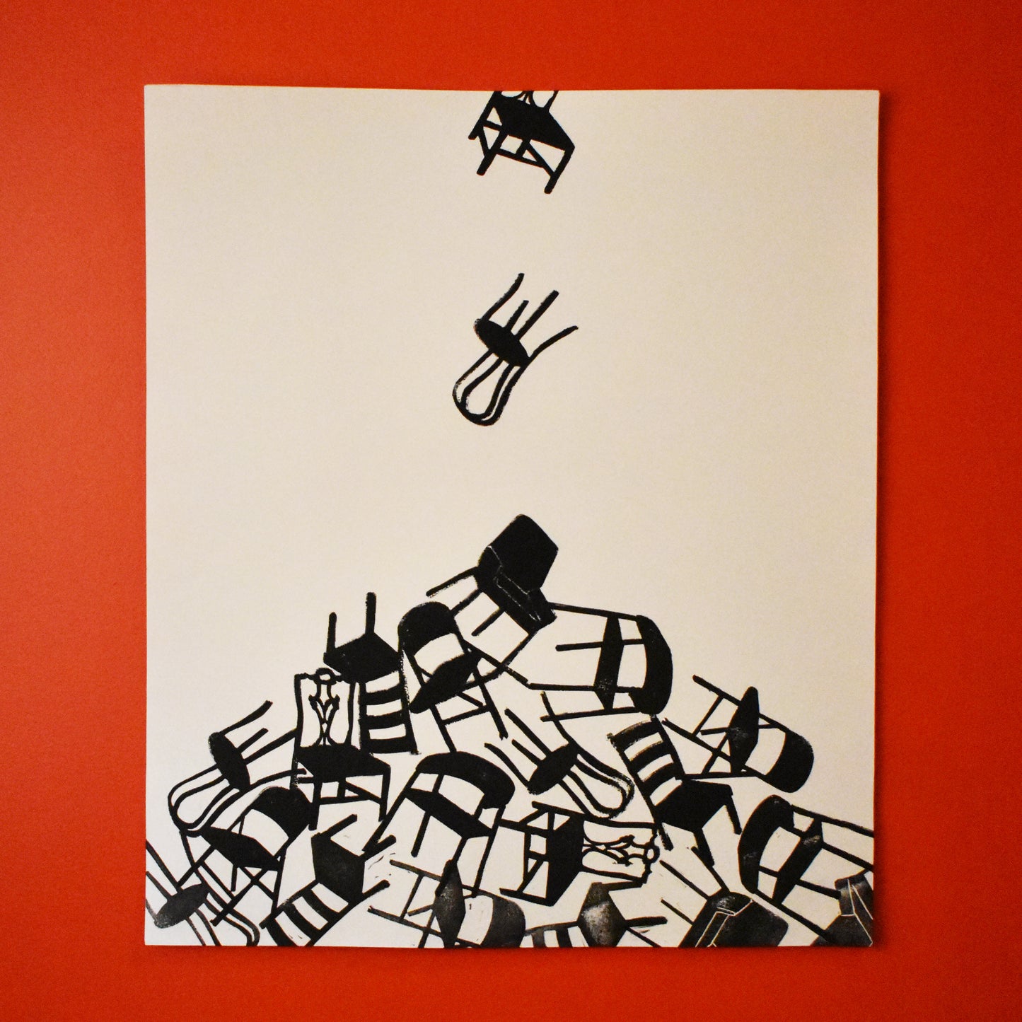 falling chairs - single linoleum print on ivory