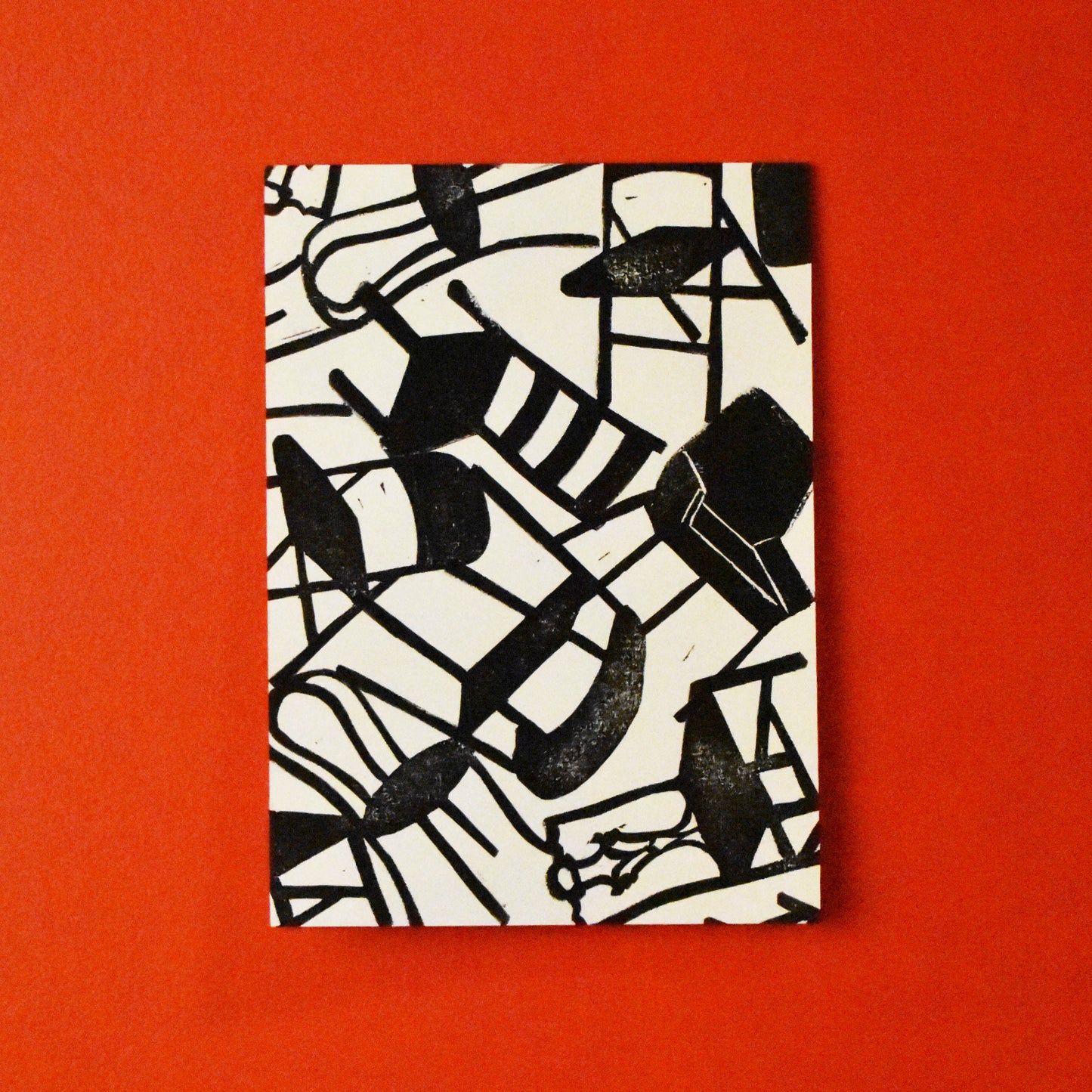 musical chairs - single linoleum print on ivory