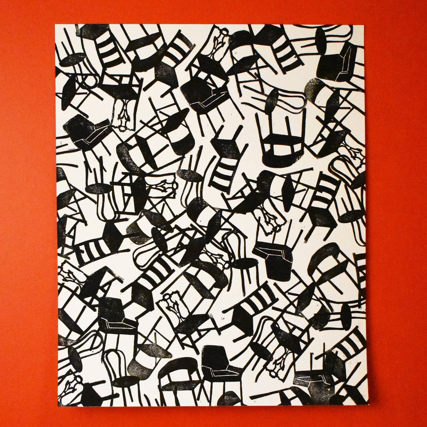 musical chairs - single linoleum print on white