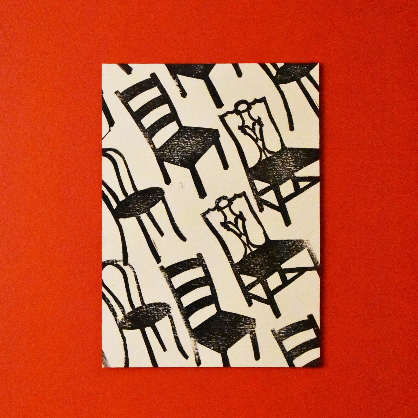 musical chairs - single linoleum print on cream