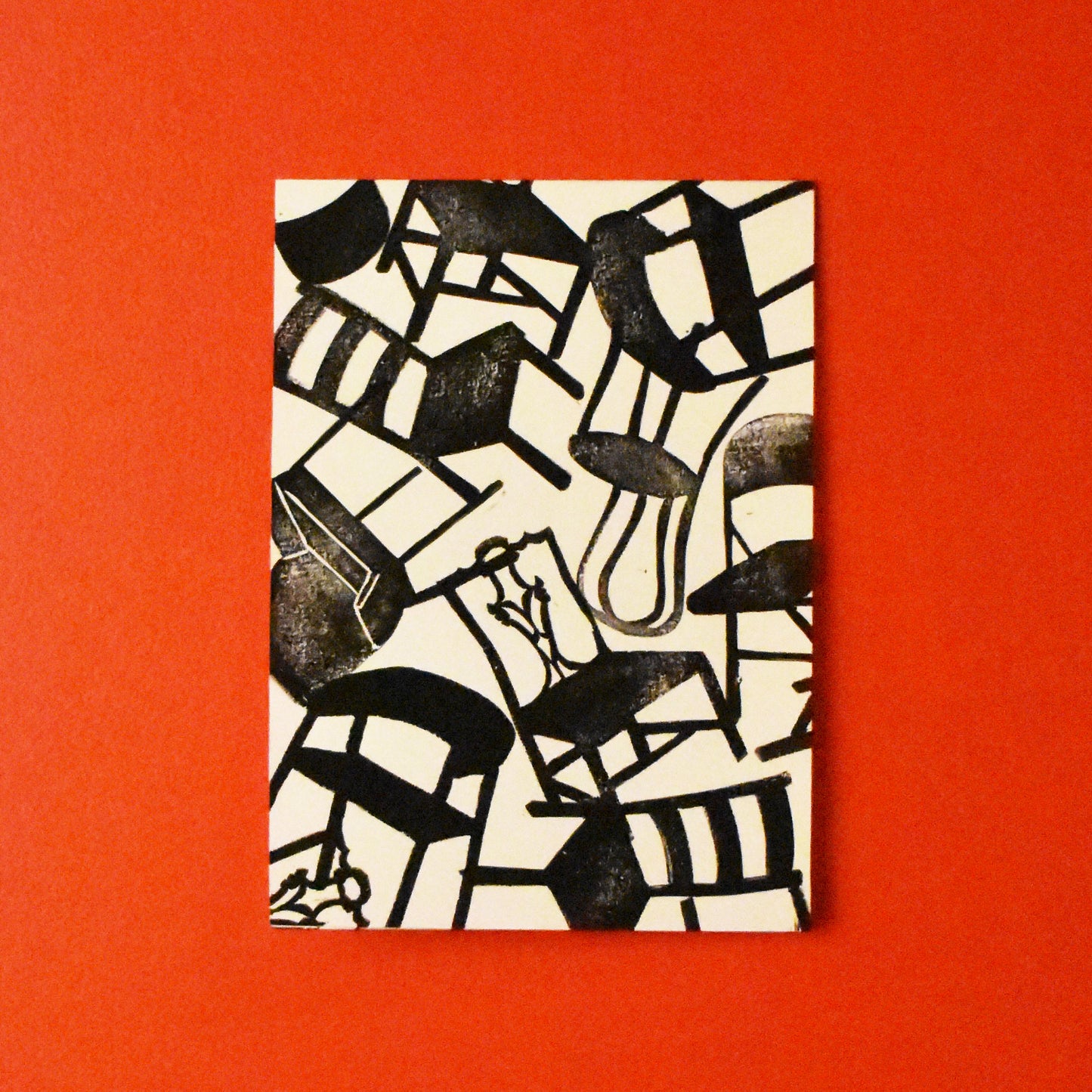 musical chairs - single linoleum print on ivory