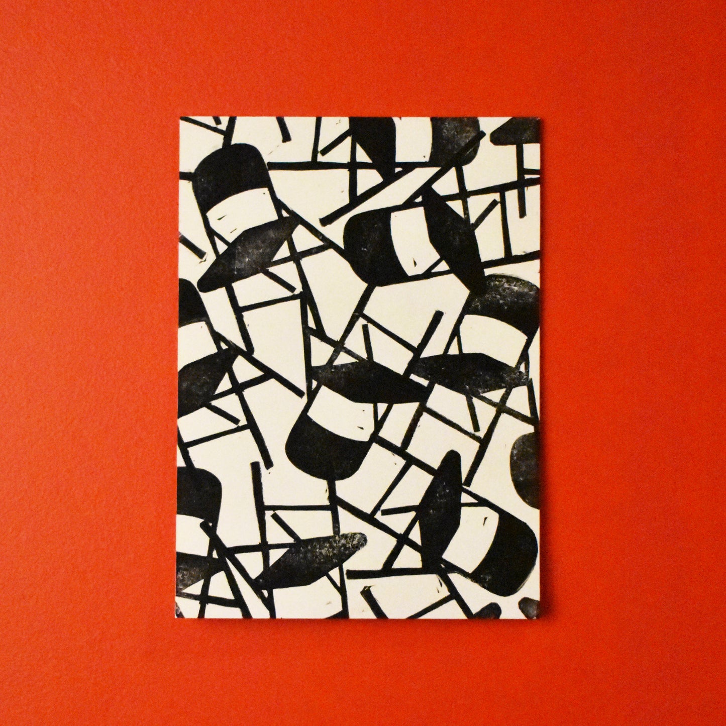 musical chairs - single linoleum print on ivory