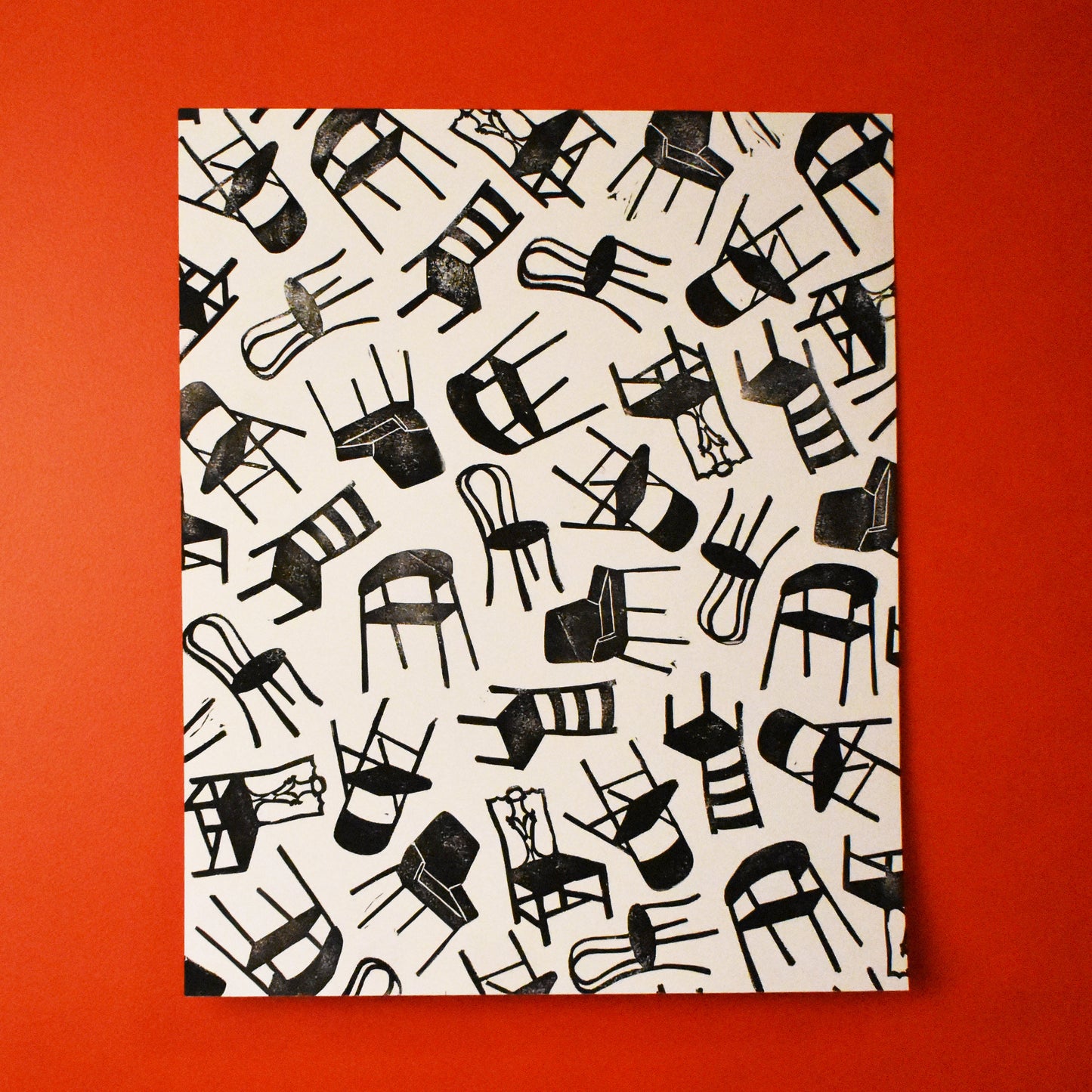 musical chairs - single linoleum print on white