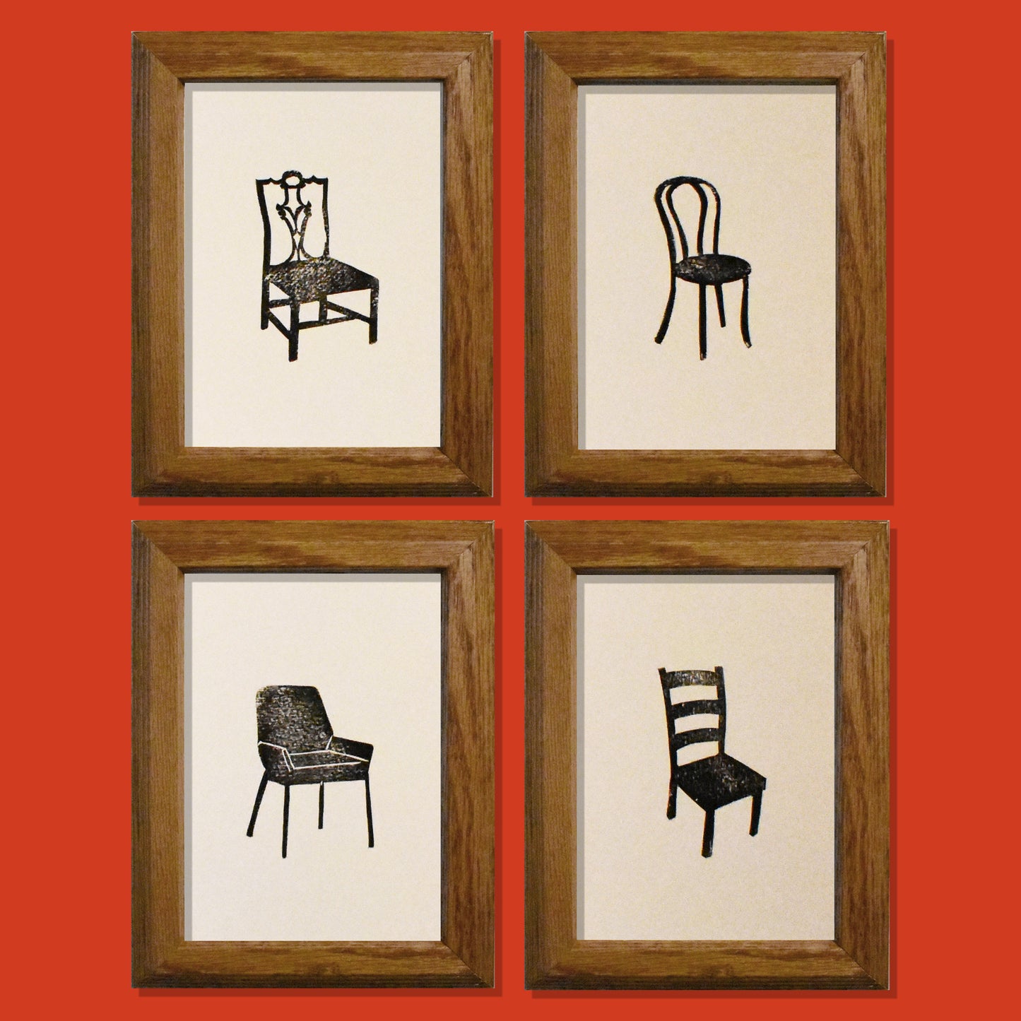 grab a seat - set of 4 linoleum prints on cream (framed)